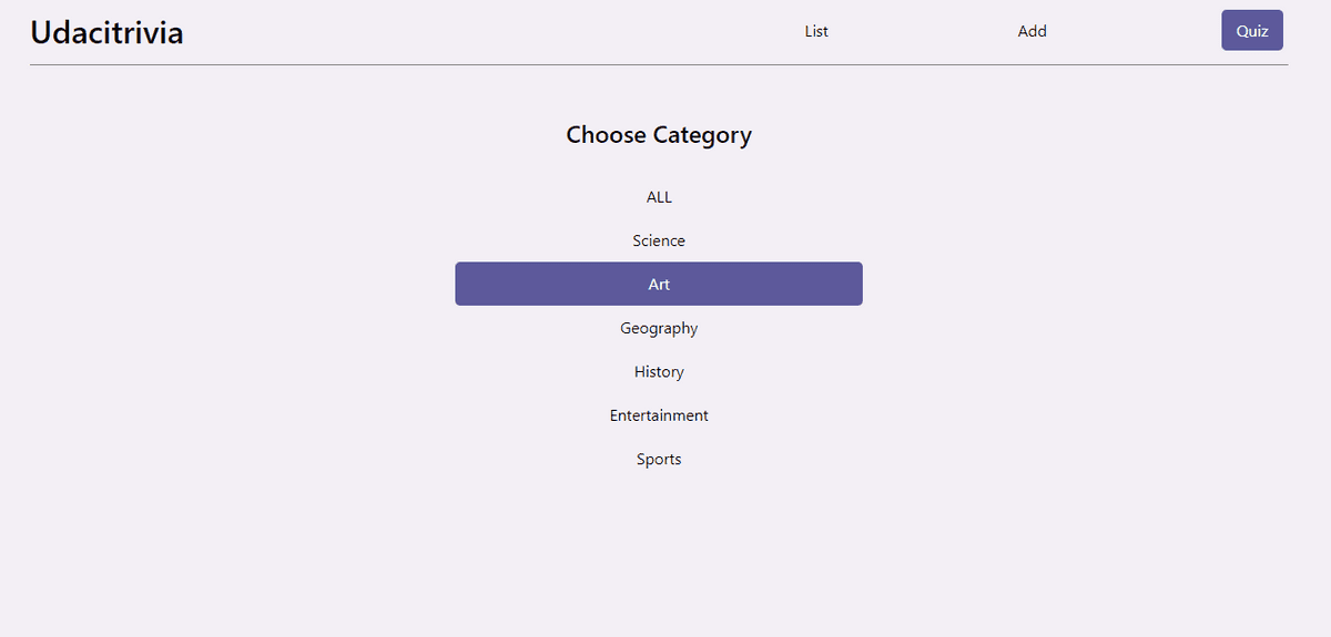The Quiz Page of the Trivia App